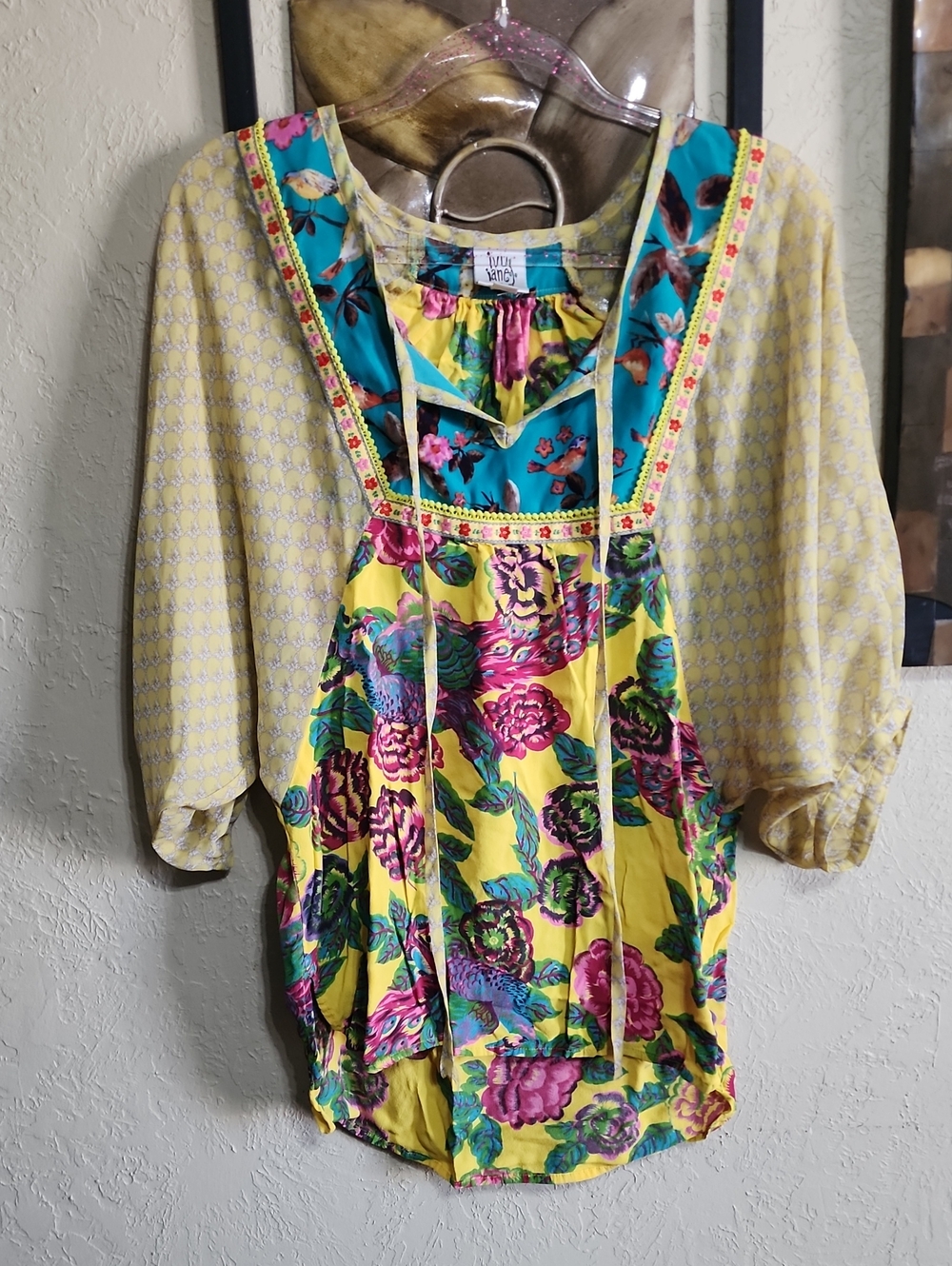 ivy jane Yellow Floral Peasant Blouse with Turquoise Trim